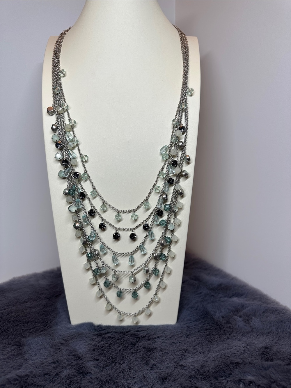 LOFT 36” Silver Multi-Strand Necklace with Aqua and Black Beads